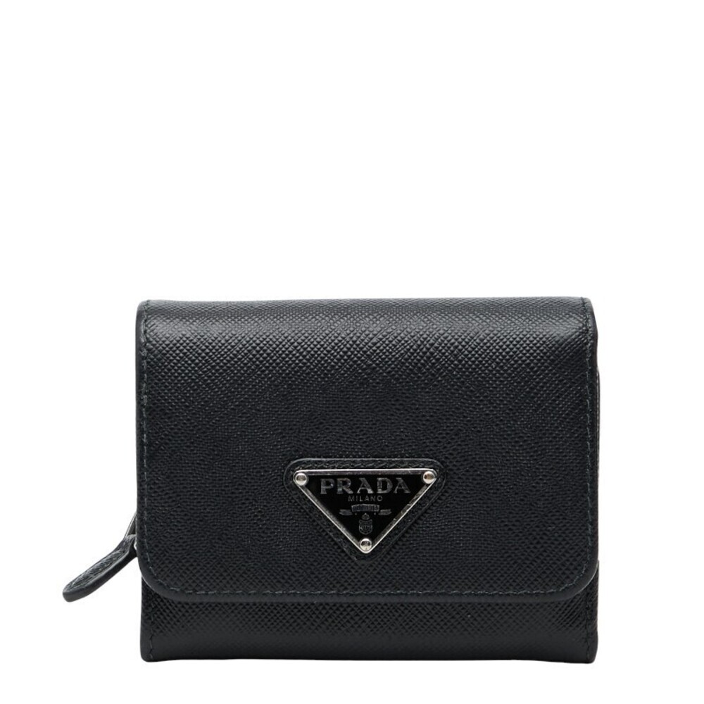 Prada Tri fold Wallet Triangle Plate Black Saffiano Leather